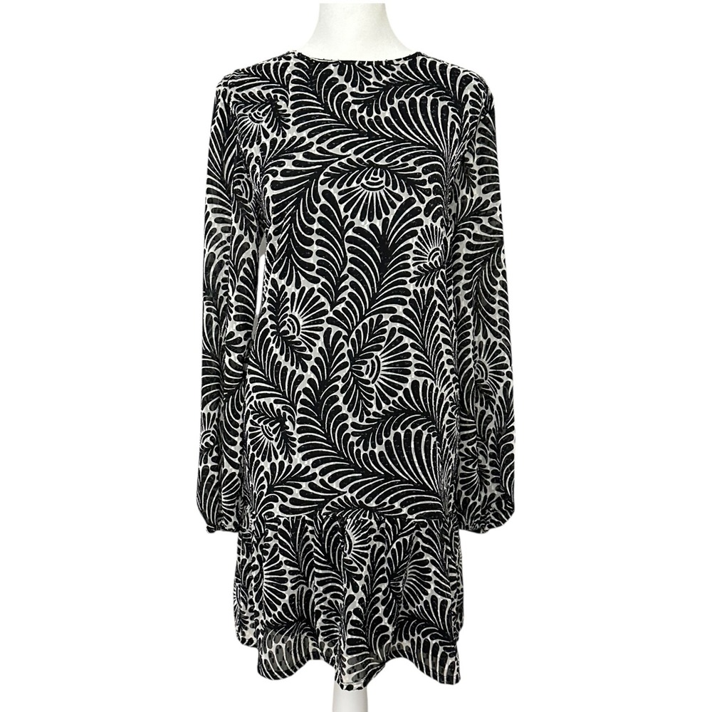 Loft NWT‎ Black White Leaf Print Clip Dot Long Sleeve Shift Dress Size Small